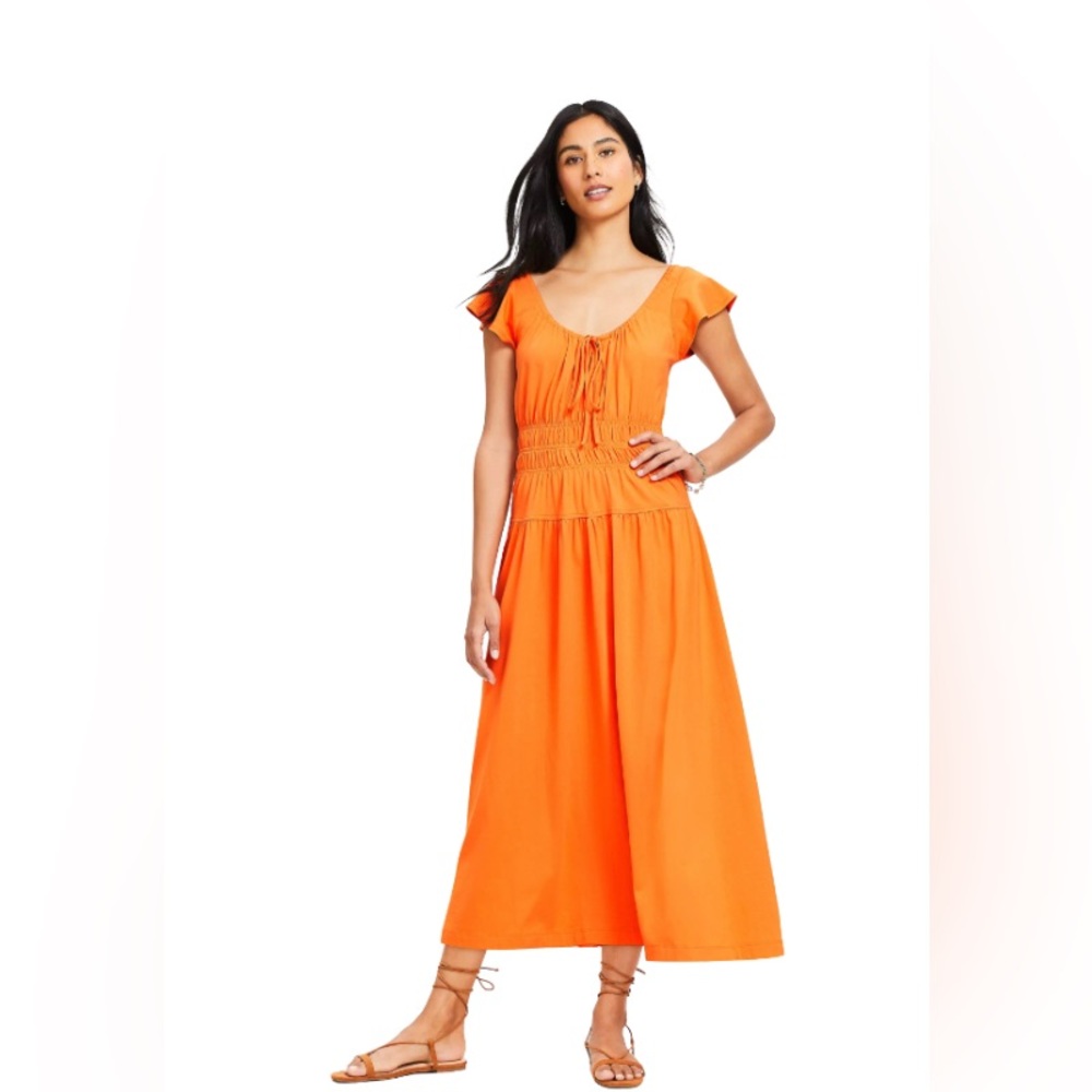 Loft Smocked Flutter Midi Dress in Tangerine Bliss Size 4 petite NWOT